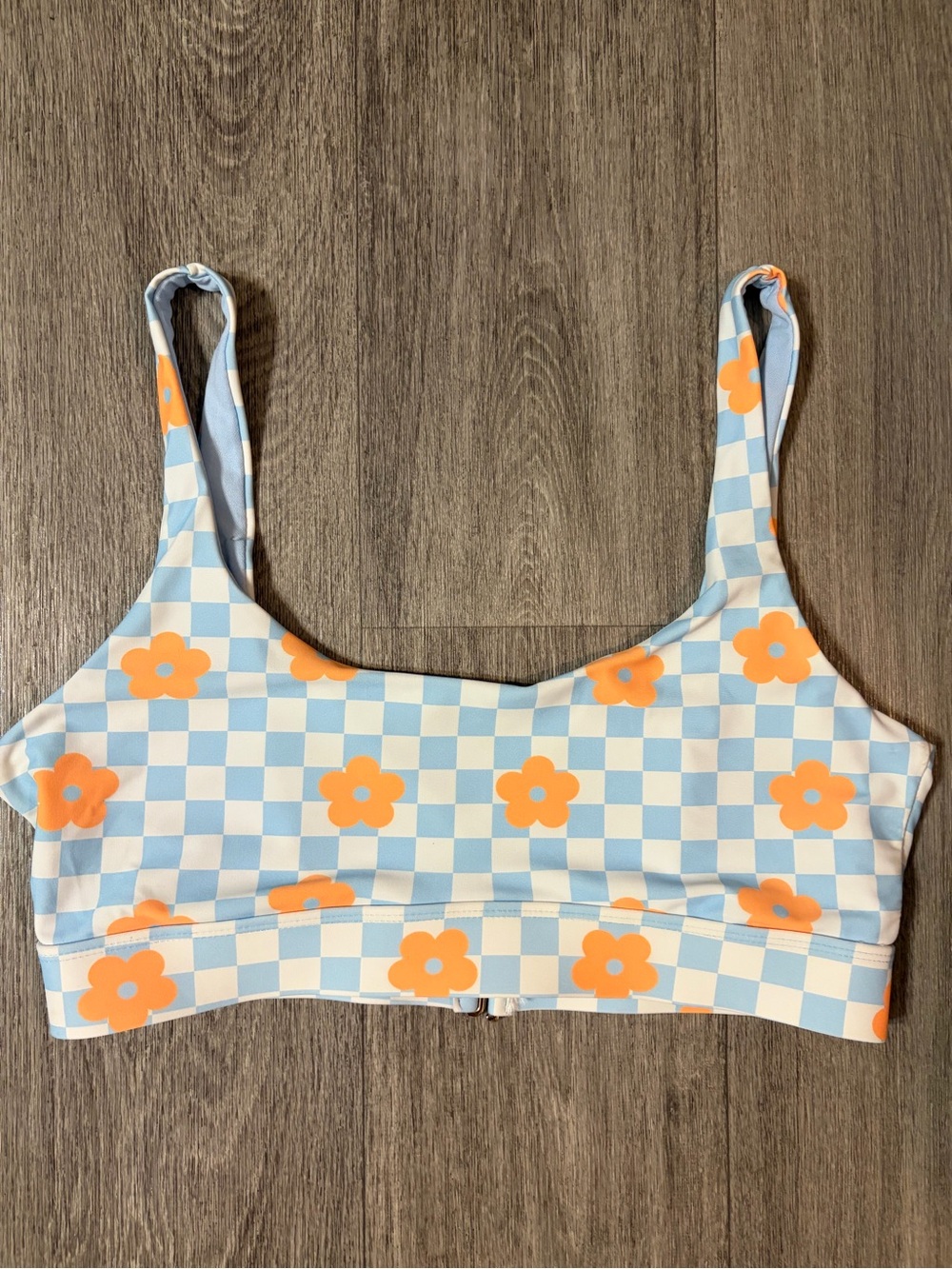 Cyn & Luca Blue Gingham Orange Daisy Bikini Top Large Retro Floral Swim